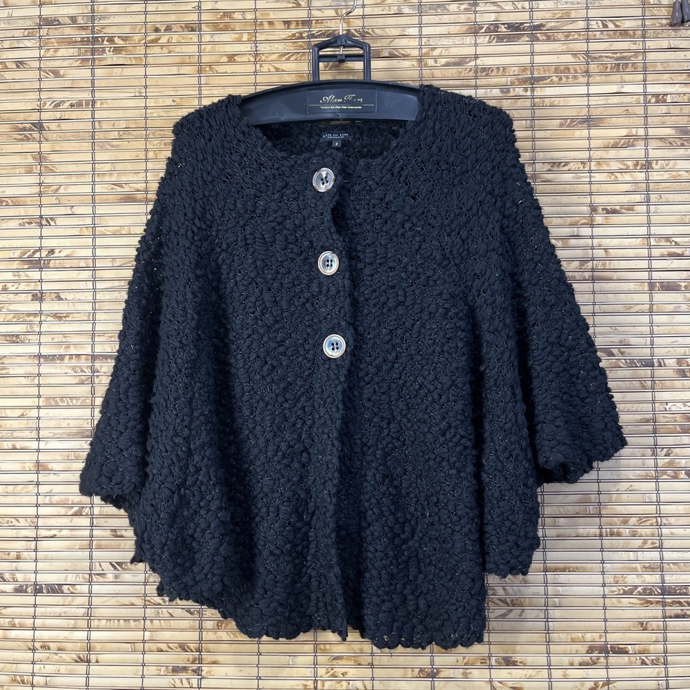Bitte Kai Rand Black Textured Knit Poncho Sweater Womens Sz L/2 Cape Scandi Chic